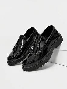 Men's Casual Thick Sole Slip-On Increased Height Solid Black Leather Shoes, Student Flat Shoes, Formal Business Shoes, Fringe Casual Work Boots Wedding Accessories