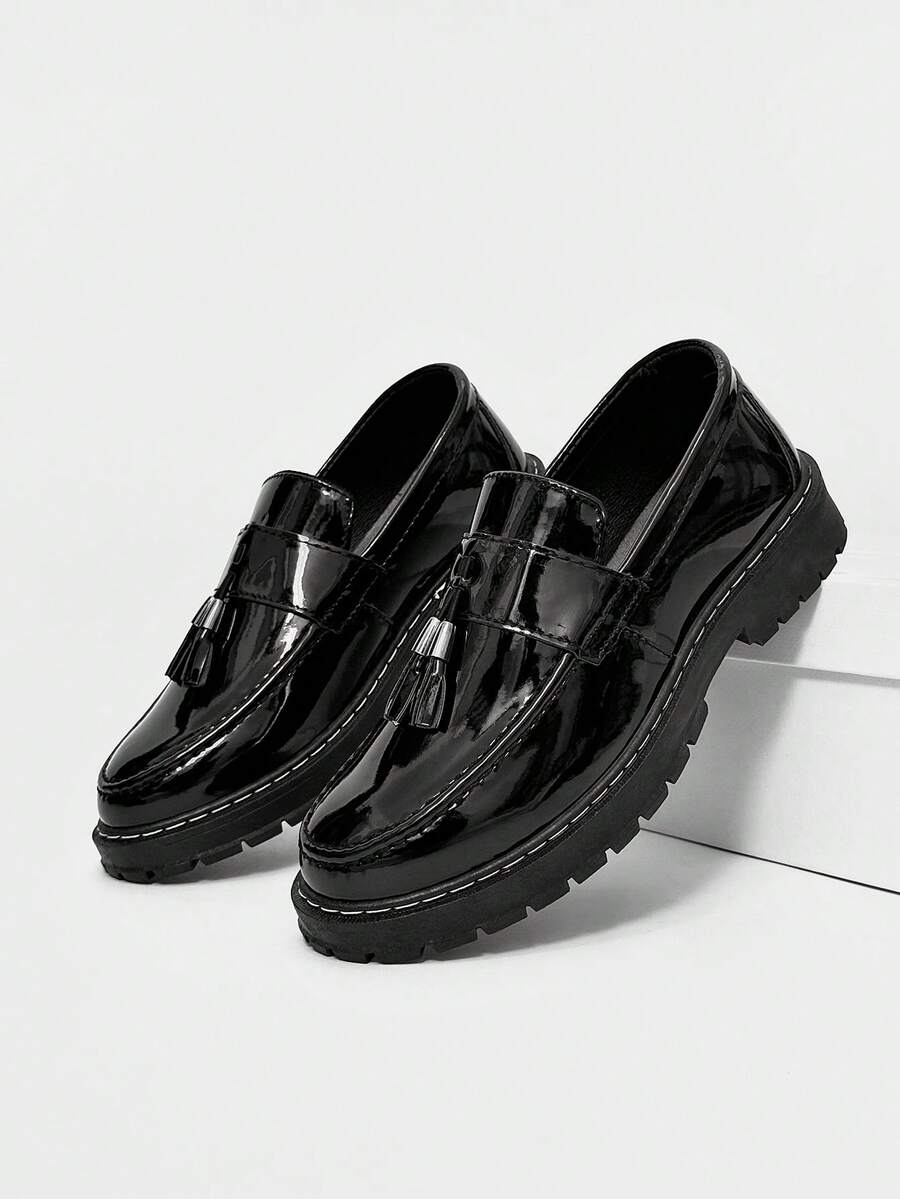 Men's Casual Thick Sole Slip-On Increased Height Solid Black Leather Shoes, Student Flat Shoes, Formal Business Shoes, Fringe Casual Work Boots Wedding Accessories