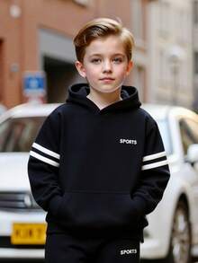 2 件套男童字母印花运动衫和休闲裤套装，长袖上衣和长裤，舒适时尚，适合户外、春秋季