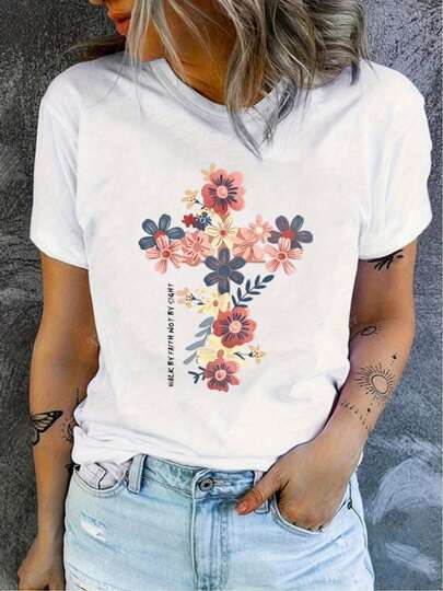 Women's 180g White Cotton Crew Neck Short Sleeve T-Shirt With Floral Cross Print And Inspiring Walk By Faith, Not By Sight Quote – Casual Summer Graphic Tee For Ladies, Soft Breathable Fabric For Comfortable Wear, Fashionable Christian Apparel