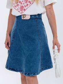Saia Jeans Evasê Feminina Cinto Removível Moderna - Marmorizada - Visão 1