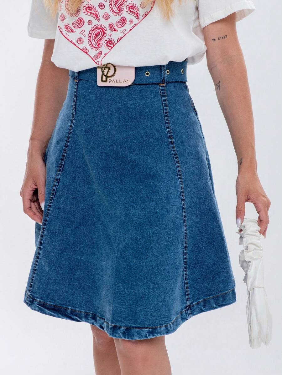 Saia Jeans Evasê Feminina Cinto Removível Moderna - Marmorizada - Visão 1
