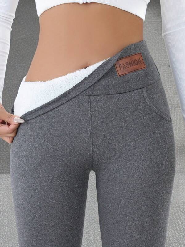 1 PC Comfortable Snow Down Warm Plush Leggings, Casual Elastic Pockets Long High Waisted Leggings, Fall / Winter