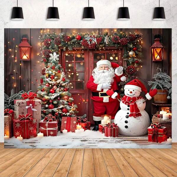 1 pièce Bannière de fond de porte en bois rural d'hiver, avec un design d'arche de Père Noël, bonhomme de neige, sapin de Noël, boîte-cadeau et bougie. Convient pour la décoration de Noël pendant les fêtes, les fêtes de famille, la décoration de Noël à la maison et la décoration de fête.