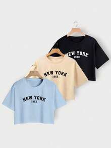 Kit 3 Cropped Women's T-Shirt In New York Cotton - 彩色 - 查看 1