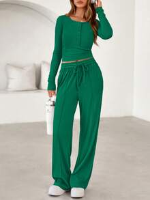 PRETTYGARDEN Women's Spring Fall 2 Piece Outfits Lounge Sets Long Sleeve Top Henley Shirts Wide Leg Pants Travel  Sweatsuit Set Women Clothes Home Clothes Going Out Outfits Sports Valentine Vacation Outfit For Women - 綠色 - 查看 1