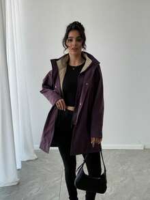 Damen Lange Parka Jacke, vielseitig für Pendeln, Zuhause und Sport, minimalistisches Design mit abnehmbarer Kapuze und Knopfleiste - Violett - Übersicht 3