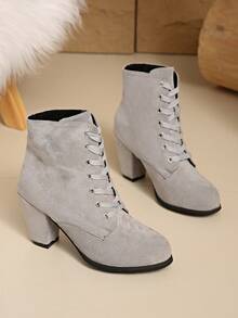 2025秋冬新款欧美时尚系带罗马角斗士靴，黑色高筒圆头粗跟靴 - 灰色 - 查看 2