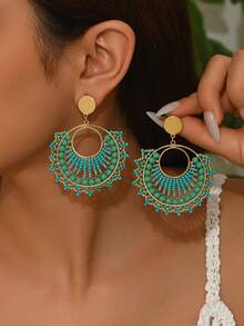 1对复古绿色手工串珠流苏耳环，几何圆形编织耳环，适合女性日常、度假、派对佩戴（手工编织珠子颜色和位置随机，金属圆环光滑表面可能存在划痕和轻微瑕疵） - 綠色 - 查看 5