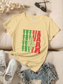 Playeras casual con estampa de árbol de Navidad y letras VIVA, playera viva mexico, para Navidad, Playeras graciosas mujer,Camiseta impresa camiseta de manga corta cuello redondo casual ropa de mujer grande,playera oversize estampada,Regalo Perfecto - Albaricoque - Ver 2