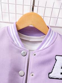 Tween Girl Letter Graphic Contrast Color Sporty Campus Style Baseball Jacket And Pleated Mini Skirt Casual Set - Purple - View 3