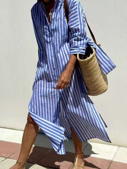 Vestido midi de mujer de manga 3/4 holgado a rayas, nuevo vestido largo de estilo bohemio elegante y casual como cubierta de bikini, adecuado para el viaje y el trayecto de primavera y verano de las mujeres