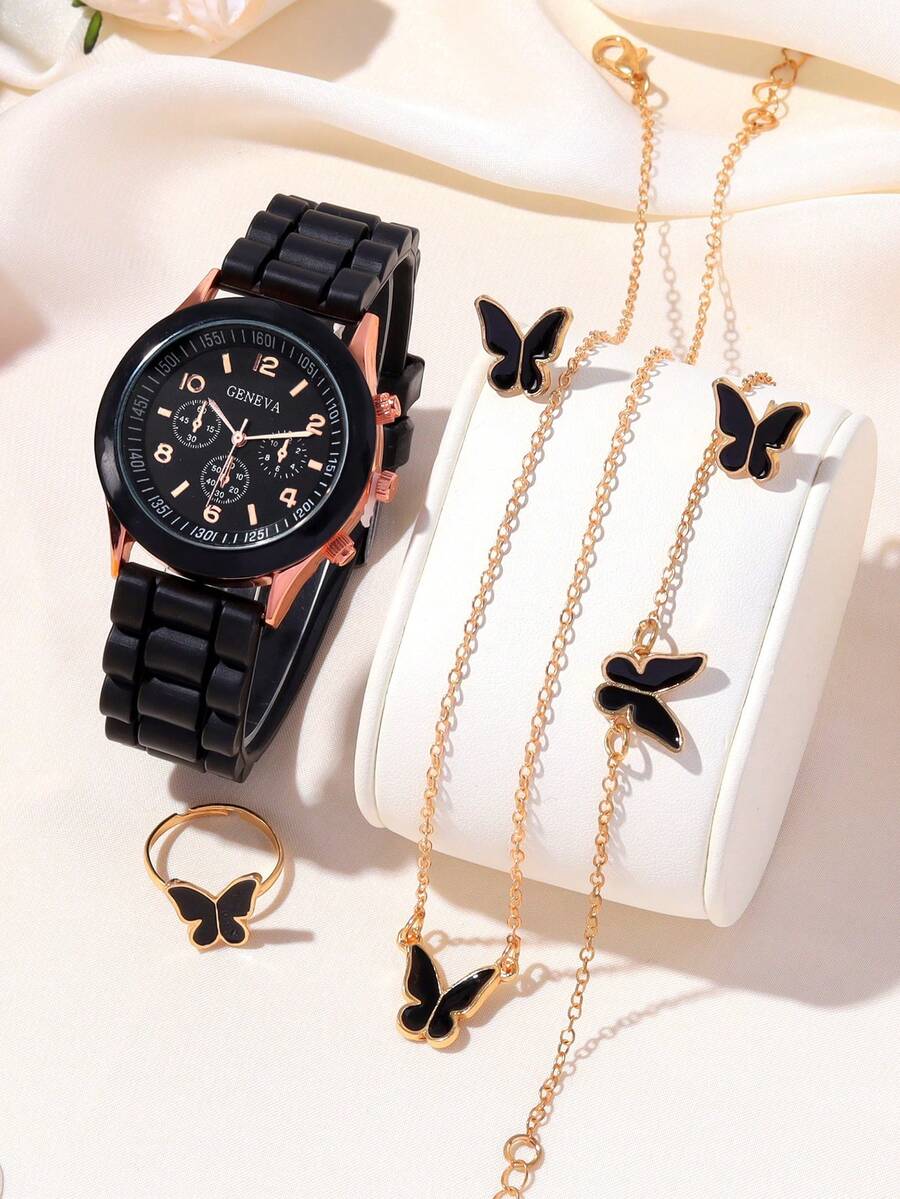 6PCS Fashionable Simple Multifunctional Watch, Alloy Dial, Rubber Strap, Arabic Numeral Scale With Butterfly Ring, Earrings, Necklaces, Bracelets, Suitable For Couples Gifting, Holiday, Back-To-School Season Gifts And Daily Wear, Best Gift For Girls