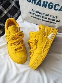 男士新款百搭小众原创高帮休闲运动鞋，厚底防滑运动鞋，纯色休闲运动鞋 - 黃色 - 查看 4