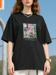 Artists Basquiat Crew Neck Casual Short-Sleeved Shirt Basic Shirt T-Shirt Unisex Cotton Short-Sleeved Shirt - 黑色 - 查看 3