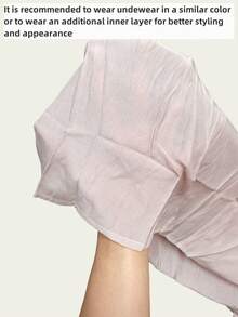 Plus Size Women's Solid Color Minimalist Casual Shirt, Elegant Long Shirt, Semi-Sheer Long Sleeve Round Neck Flowing Dress, Suitable For Spring, Summer, Autumn And Winter - Dusty Pink - View 4