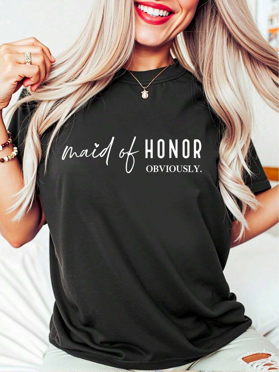 Oversized Style For Women, Maid Of Honor Tee, Maid Of Honor Obviously, Bridesmaid Gift, Bridesmaid Tshirt, Bridesmaid, Bridal Gifts, Wedding Gift, Wedding Shirt, Loose Type Shirt For Women, Perfect For Holiday Parties Or Gift Giving, Soft And Comfortable - màu đen - Xem 1