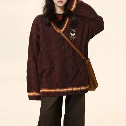 여성 빈티지 스타일 자수 V넥 루즈 풀오버 스웨터, 가을/겨울