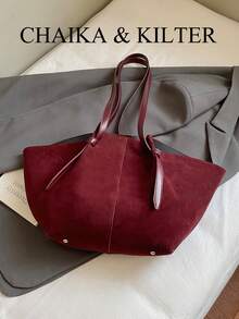 2 件 CHAIKA & KILTER 纯色绒面革单肩包女士复古休闲大容量手提包书包带双手柄和按扣，适合旅行、购物、约会、女士礼物，适合少女、大学生、初学者和办公室女士，非常适合办公室、学校、工作、商务、通勤、户外、旅行、徒步旅行 - 酒紅色 - 查看 8