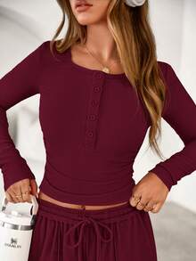 Women's Spring Fall 2 Piece Outfits Lounge Sets Long Sleeve Top Henley Shirts Wide Leg Pants Travel  Sweatsuit Set Women Clothes Home Clothes Going Out Outfits Sports Valentine Vacation Outfit For Women - 酒紅色 - 查看 3