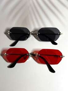 015835340007 2副男士超大红色六边形镜框复古全金属时尚眼镜，渐变色，适合街头、海滩、日常通勤，经典复古旅行者时尚眼镜（含挂绳和清洁布） - 1*金/灰+1*金/紅 - 查看 9