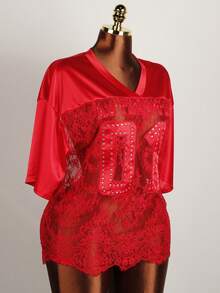 Mantos Summer Women's Letter Rhinestone Lace Jersey Tops Midnight Party Wear V-Neck Half Sleeve See Through T-Shirt - 紅色 - 查看 3