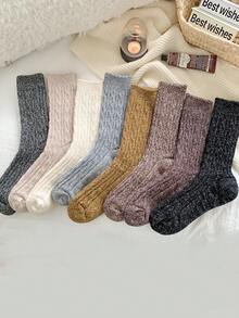 1 双女士纯色加厚保暖羊毛混纺粗针织中筒袜，适合秋冬季日常和居家穿着