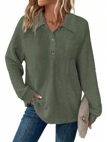 Womens Tops Waffle Knit V-Neck Long Sleeve T-Shirts Button Down With Pockets Tunic Fashion ClothingChristmas - 杏色 - 查看 8