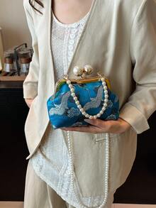 Túi xách dây xích ngọc trai vải xanh cổ điển mới, Túi đeo vai đa năng cho quý cô dự tiệc và tụ tập - Màu xanh lam - Xem 4