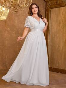 XUIBOL 高品质弹力优雅雪纺刺绣拼布超修身加大码 V 领晚礼服，适合约会之夜、婚礼、派对、生日、周年纪念、鸡尾酒会、正式晚会、婚礼嘉宾、单身派对、节日、夏季/秋季 - 白色 - 查看 6