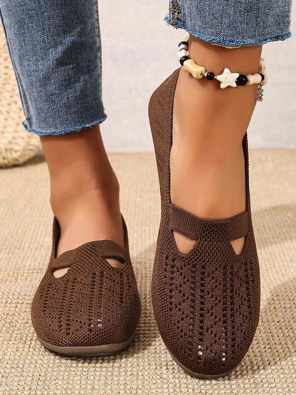 Women's Knitted Hollow-Out Breathable Yet Unique Slip-On Casual Flat Shoes, Relaxed, Comfortable And Stylish For Daily Wear