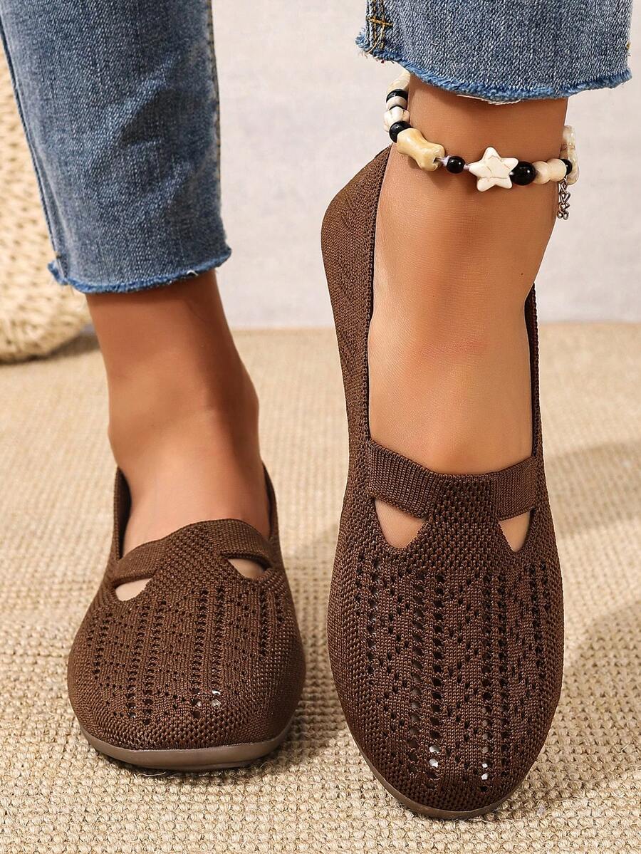 Women's Knitted Hollow-Out Breathable Yet Unique Slip-On Casual Flat Shoes, Relaxed, Comfortable And Stylish For Daily Wear
