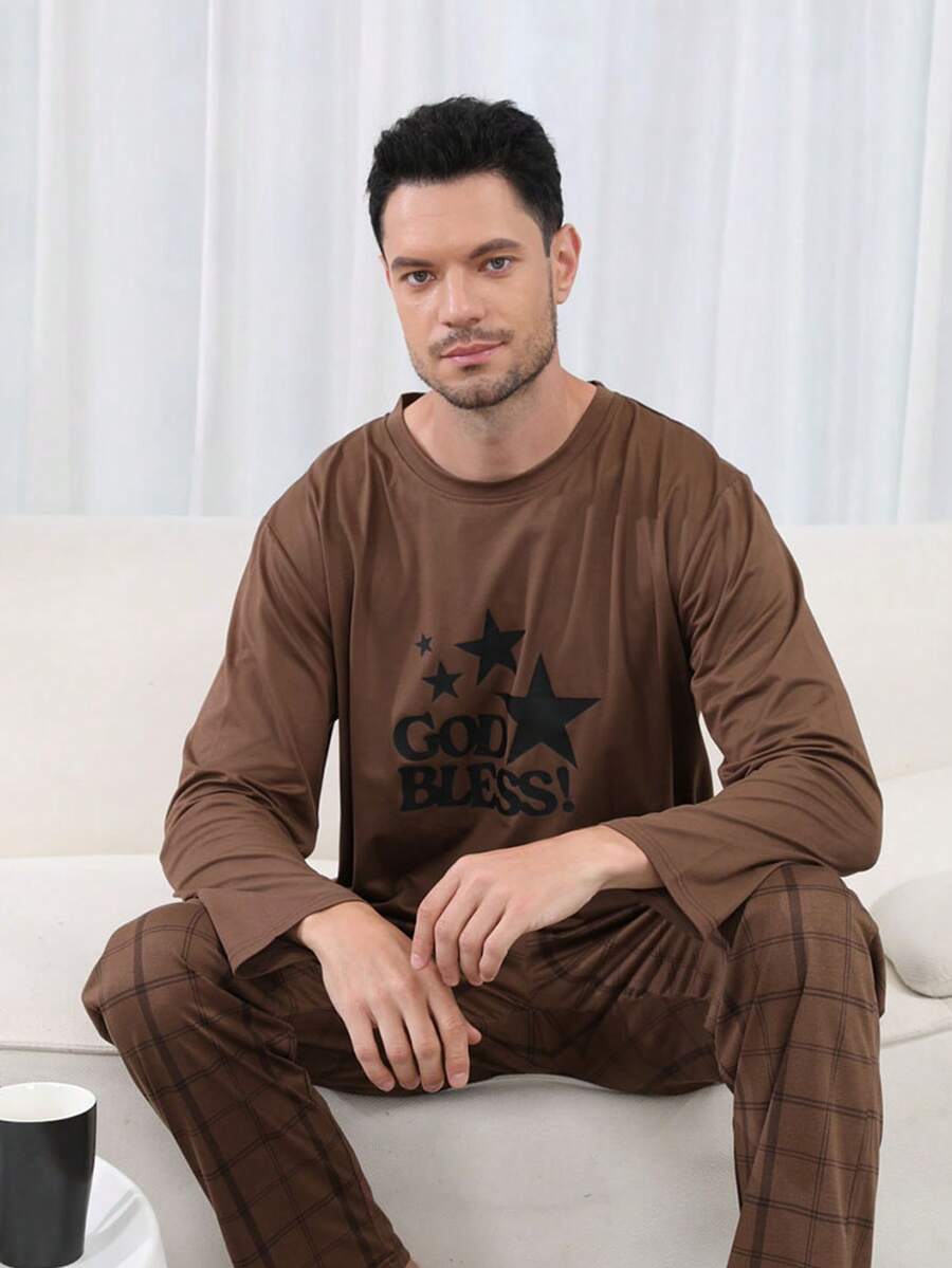 2 Stücke Herren Strick Pyjama Set, Langarm Hemd und lange Hose, kariertes Muster, lässige Loungewear
