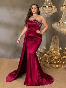 Faeriesty Vestido de noche elegante talla extra con adorno de cadena de strass y bajo de cola de sirena partida - Burdeos - Ver 7