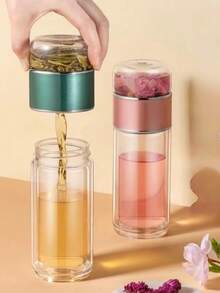 1个玻璃茶漏瓶，双层玻璃水瓶带过滤器，散装茶叶浸泡器，便携式泡茶器，硼硅玻璃材质，防漏，独立茶叶隔层，适用于冷热饮，旅行、办公、居家使用，成人健康礼品 - 彩色 - 查看 4