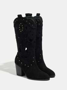 女士及膝靴，镂空透气西部靴，尖头粗跟高跟靴，性感一脚蹬靴，时尚派对宴会黑色中筒靴 - 黑色 - 查看 4