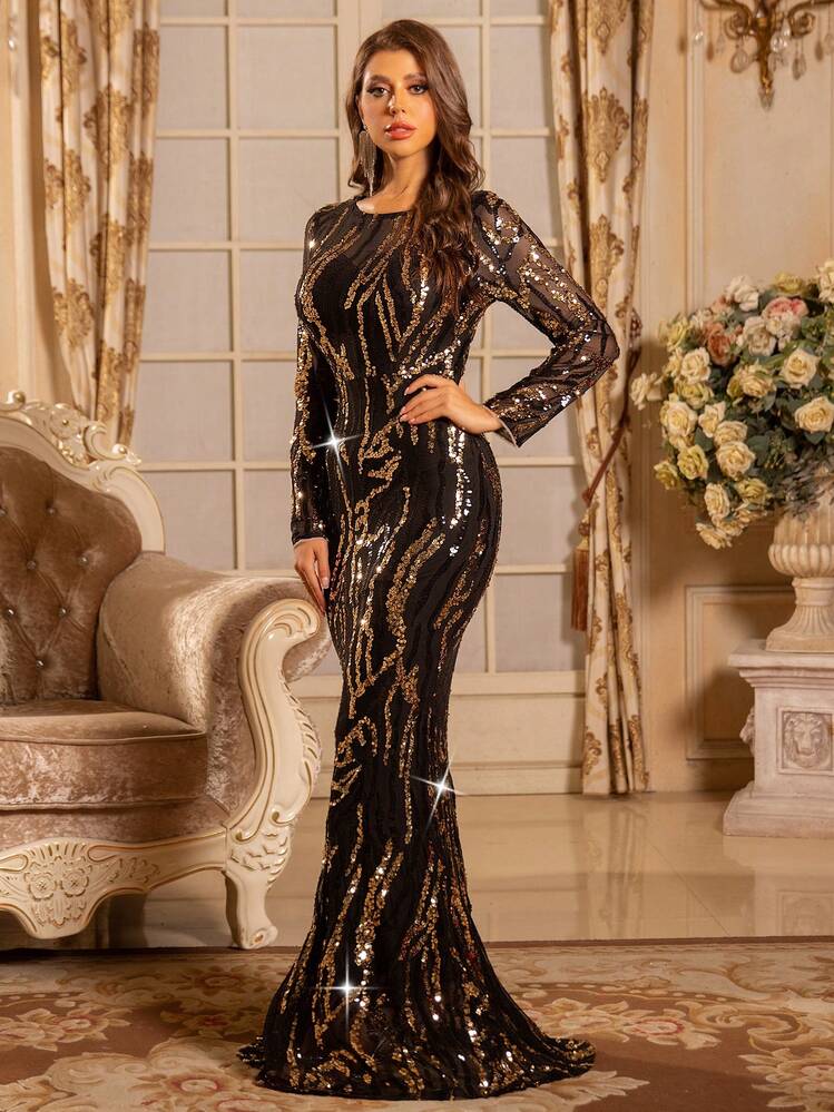 shein black and gold dresses Black & Gold Sequin Trailing Formal Dress
