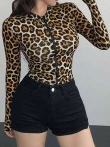 Christmas Women Leopard Paw Animal Print Sporty Outdoor Jacket, Zipper Cardigan Fitness Wear, Street Fashion Style, Slim Fit Long Sleeve Jacket Coat For Autumn/Winter