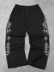 Gothic Pattern Print, Frayed Hem Street Style, Suitable For All Seasons, Loose Sweatpants, Street Casual, Comfortable, Sports, Men Pants - Black - View 2