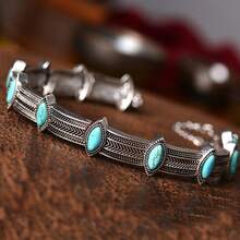 1pc Fashionable Alloy Inlaid Turquoise Vintage Design Necklace, Bohemian Style Resort Personalized Short Choker Luxury Necklace Accessory - Antique Silver - View 7