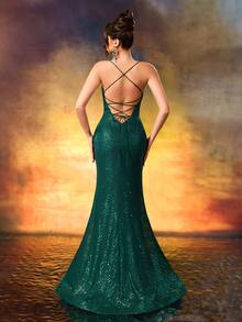 Women's Demure Stiletto Heeled Evening Gown Luxury Sequins Sparkling V-Neck Dress Front Split Gown For Wedding Guest,Formal Evening,Red Carpet, Elegant - Dark Green - View 3