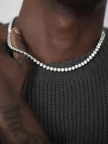 1条嘻哈风格镶钻方形爪链项链，适合男士日常佩戴 - 銀色 - 查看 2