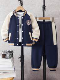 2pcs/Set Young Boy College Style Navy Blue Sweatshirt & Contrast Color Elastic Waist Pants Outfit, Suitable For Outdoor Wear In Autumn/Winter