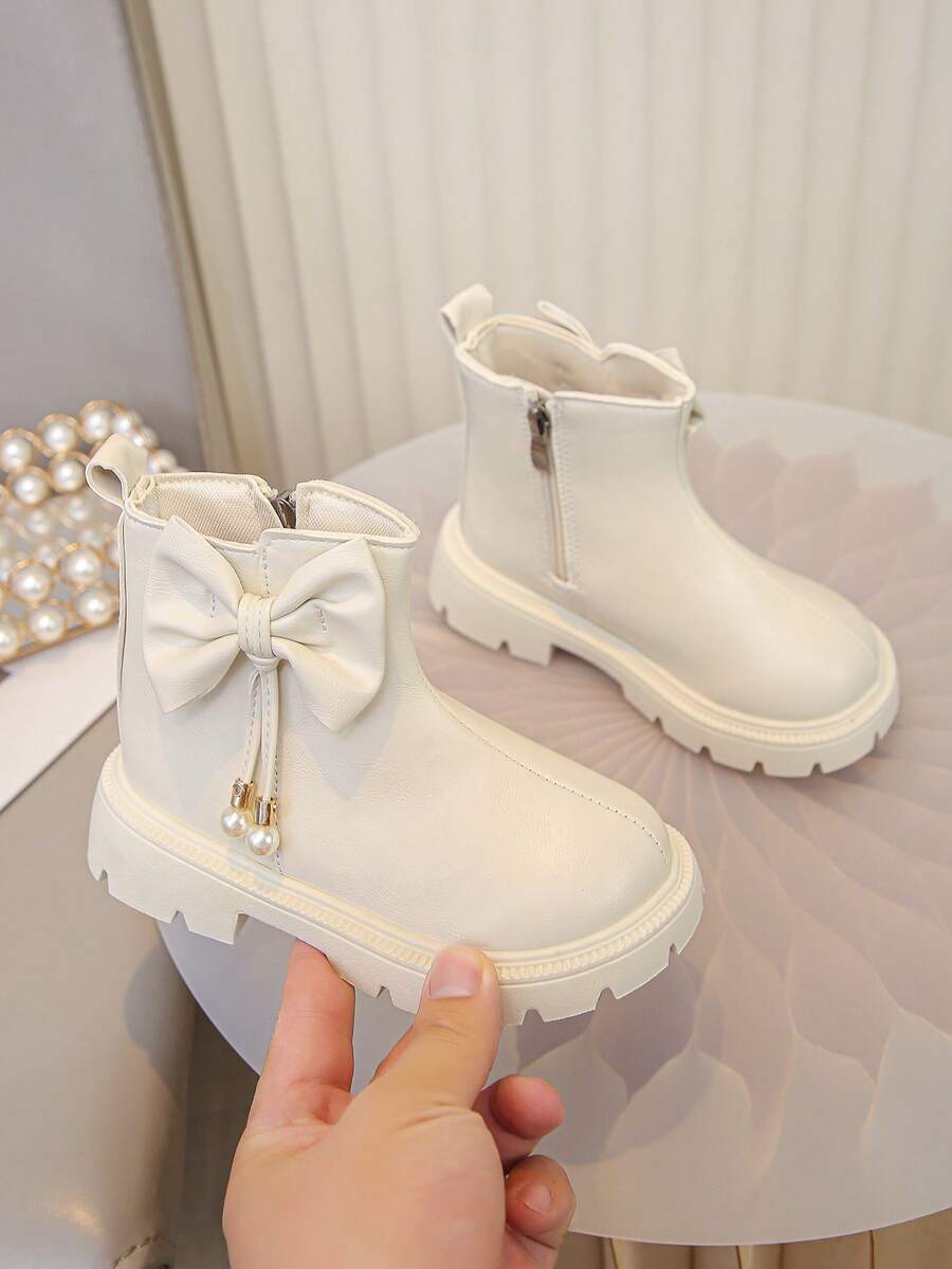 Girls' Solid Color Bow Pearl Design Outdoor Boots, Soft And Comfortable - Beige - View 1