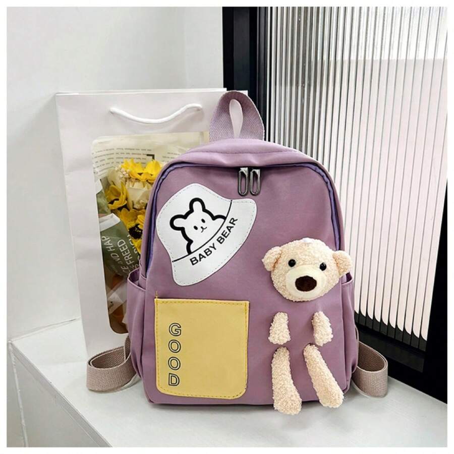 Women's Backpack Random Shipment Model Small Girl With Teddy Bear Decoration Cute Casual Backpack - 淡紫色 - 查看 1