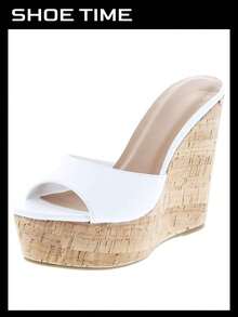Women's Platform Wedge Slide Sandals – Open Toe Slip-On High Heel Mules With Cork Design - White - View 1