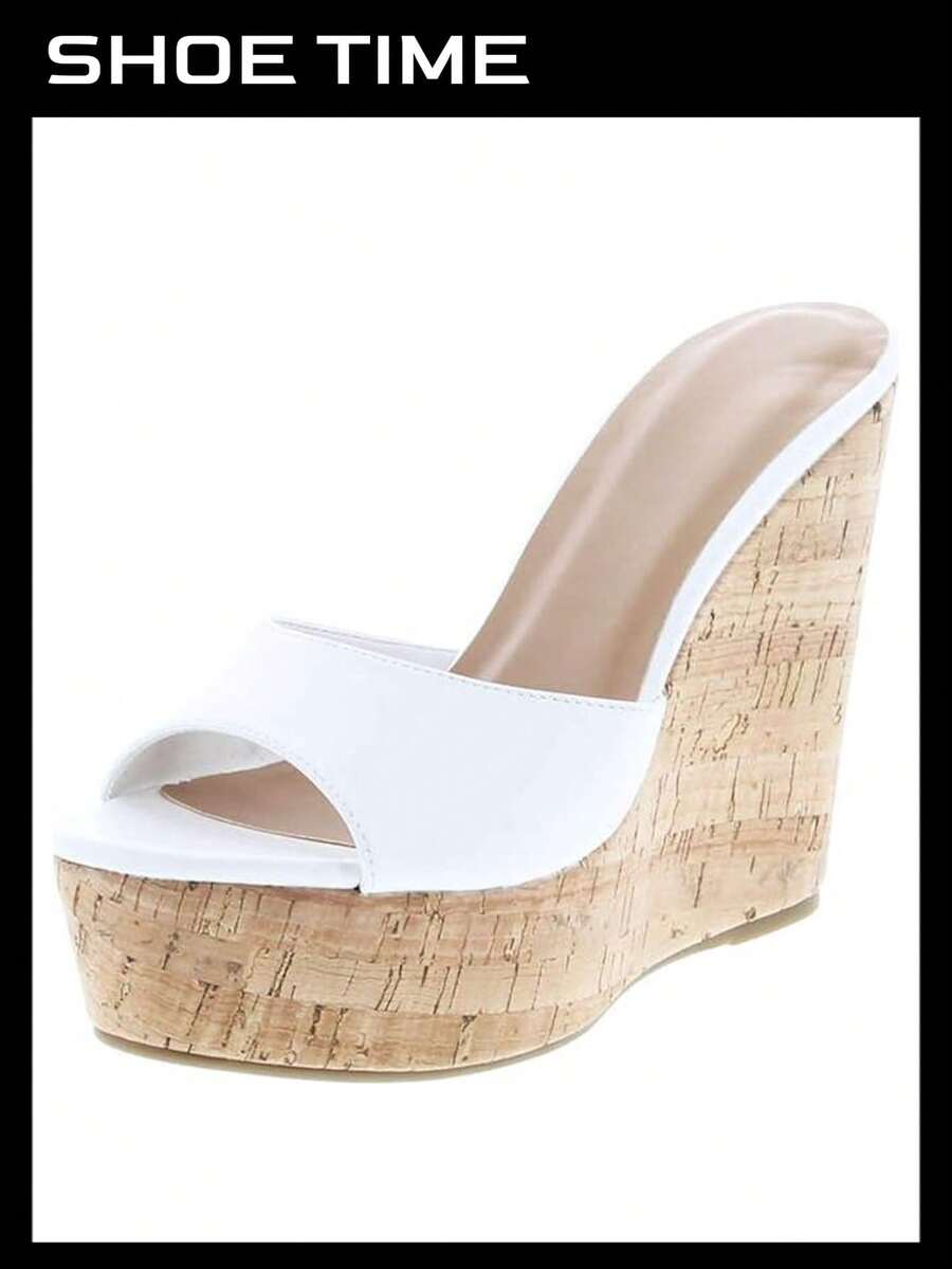 Women's Platform Wedge Slide Sandals – Open Toe Slip-On High Heel Mules With Cork Design - White - View 1