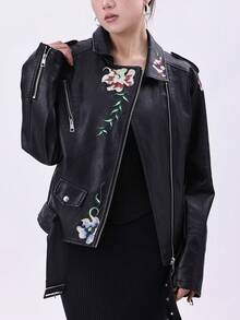 Risissida Women's Spring & Autumn Faux Leather Embroidered Commuter Jacket With Belt, Minimalist Versatile Riding PU Jacket For Spring - Black - View 9