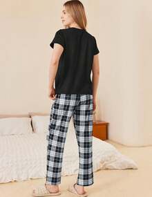 Pajama Sets Women Round Neck Pjs Short Sleeve Sleepwear With Long Pants Loose Lounge Sets - Navy Blue-white Plaid - View 9