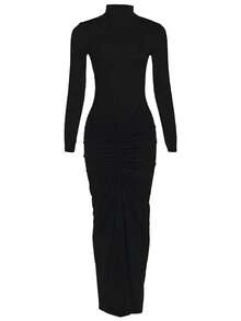 Solid Color Elegant Ruched Mock Neck Long Sleeve Bodycon Dress Black Spring - Black - View 8